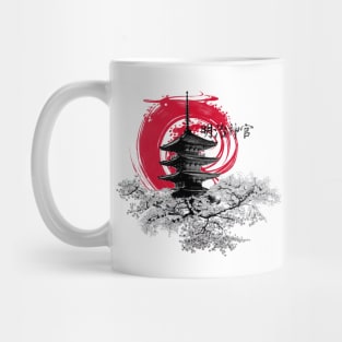 Japanese temple on the background of the red sun. Mug